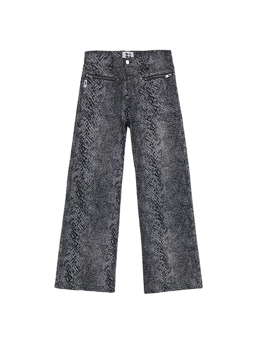 FUZZYKON Zipper Trim Straight Rivet Snake Jeans