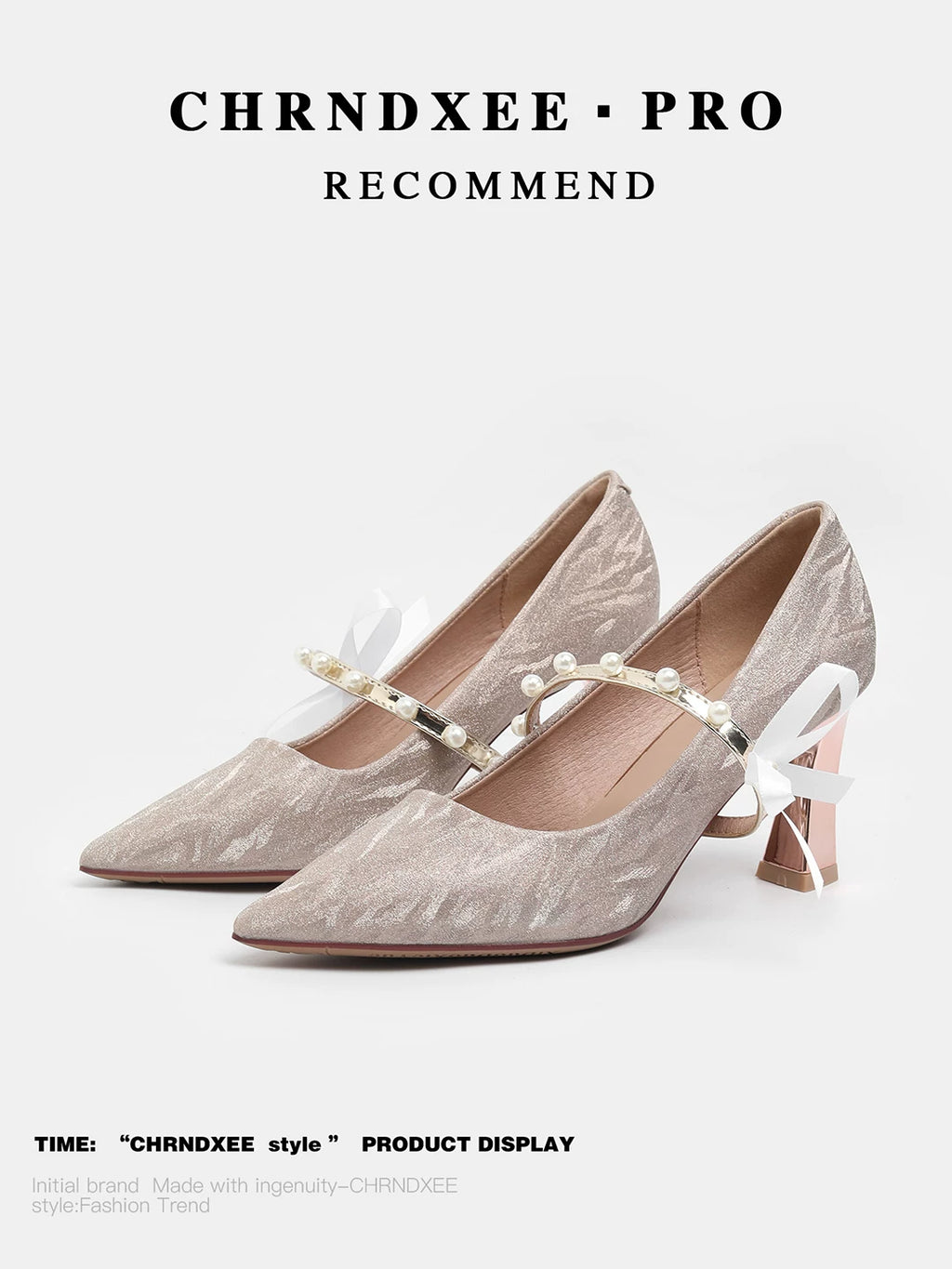 CHRNDXEE Bow Pearl One-word Strap High Heels