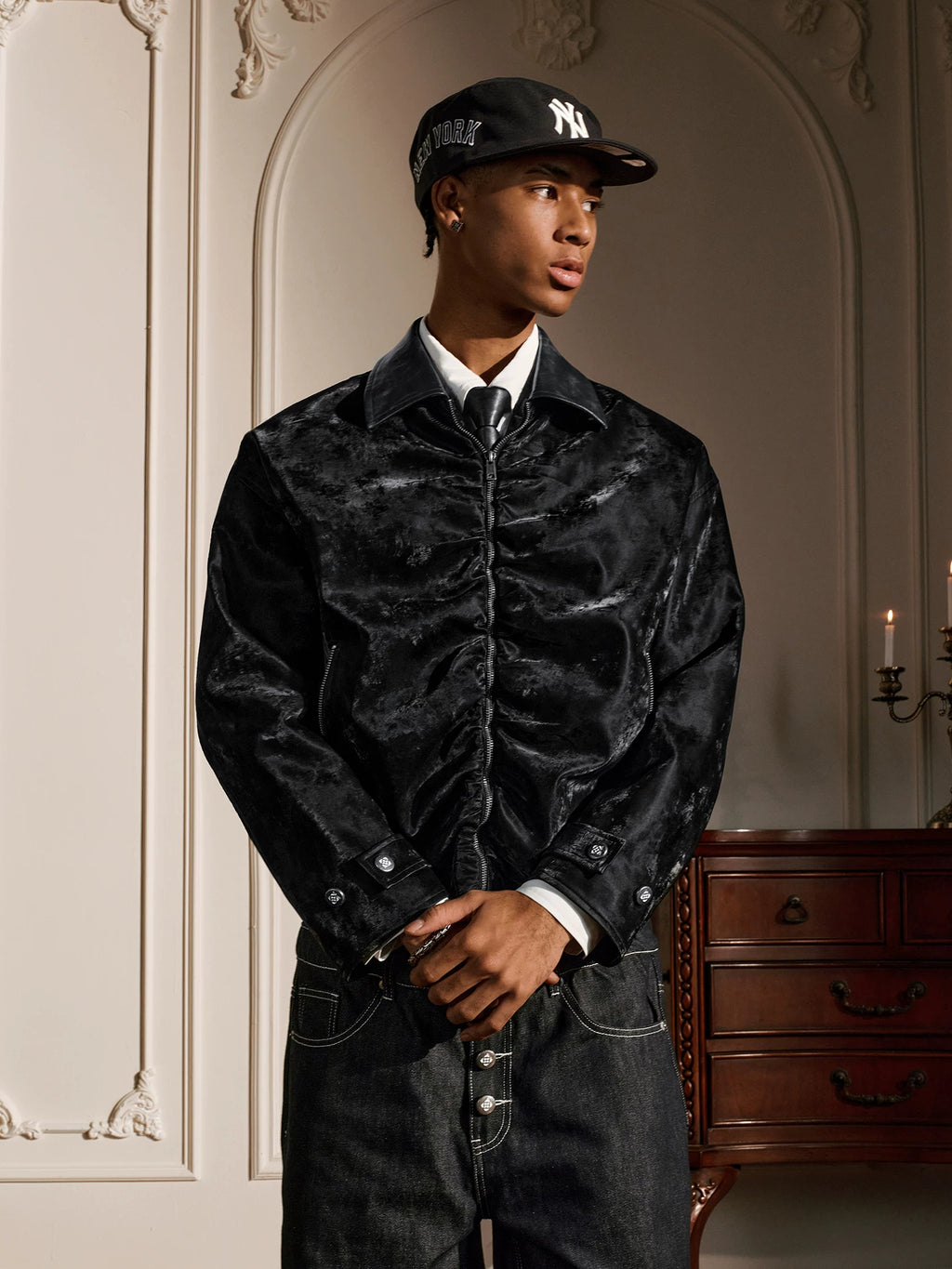 YADcrew Real Sheepskin Collar Pleated Velvet Leather Lapel Jacket