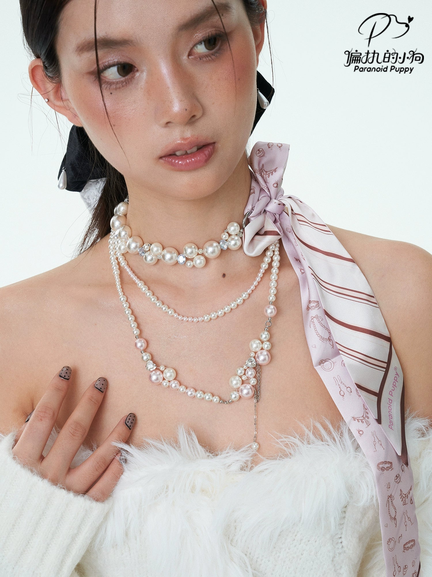 ParanoidP Temperament Light Luxury Bow Silk Scarf Pearl Necklace