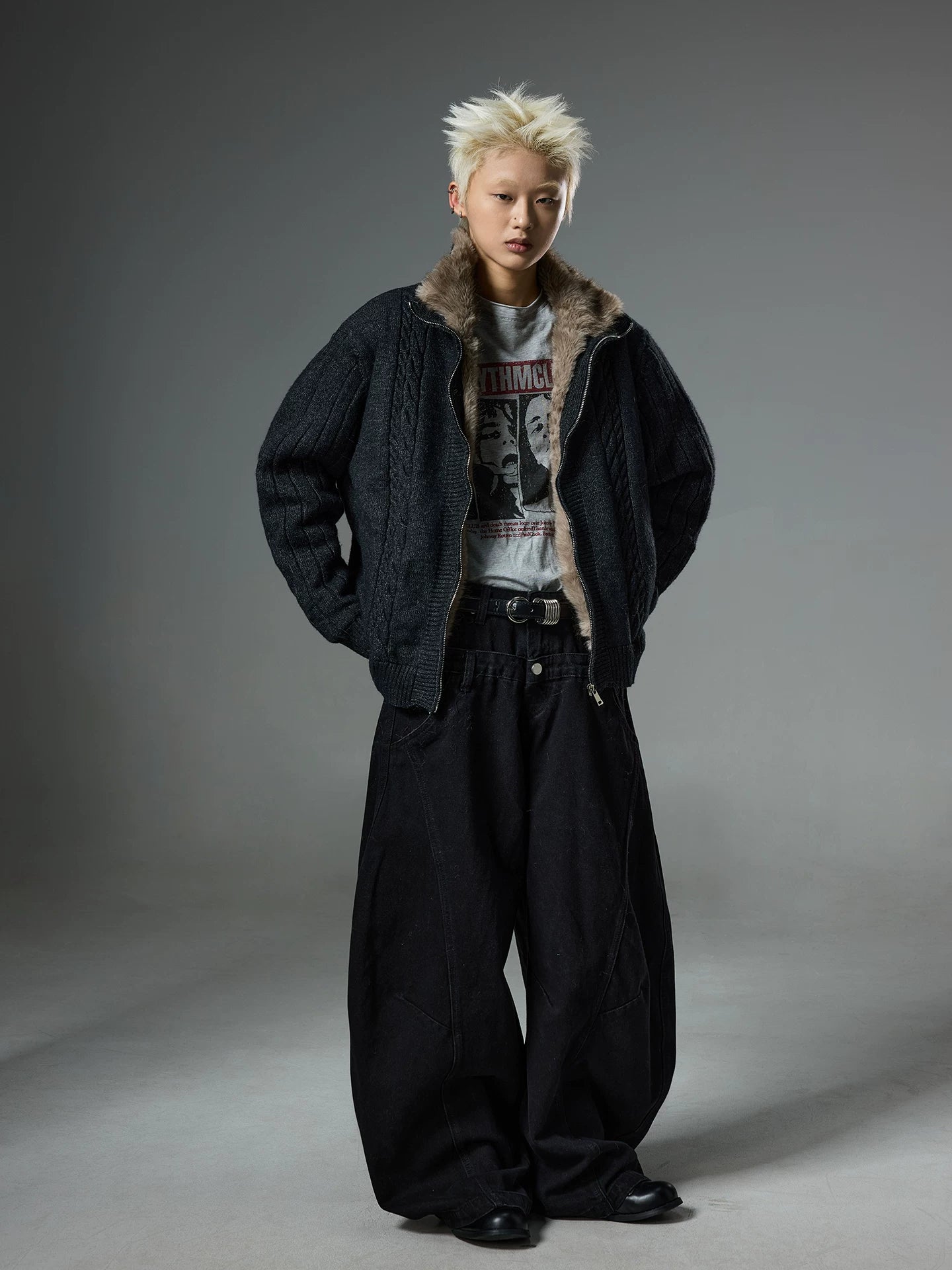 BTSG retro baggy double waist leopard print graffiti print loose wide leg jeans