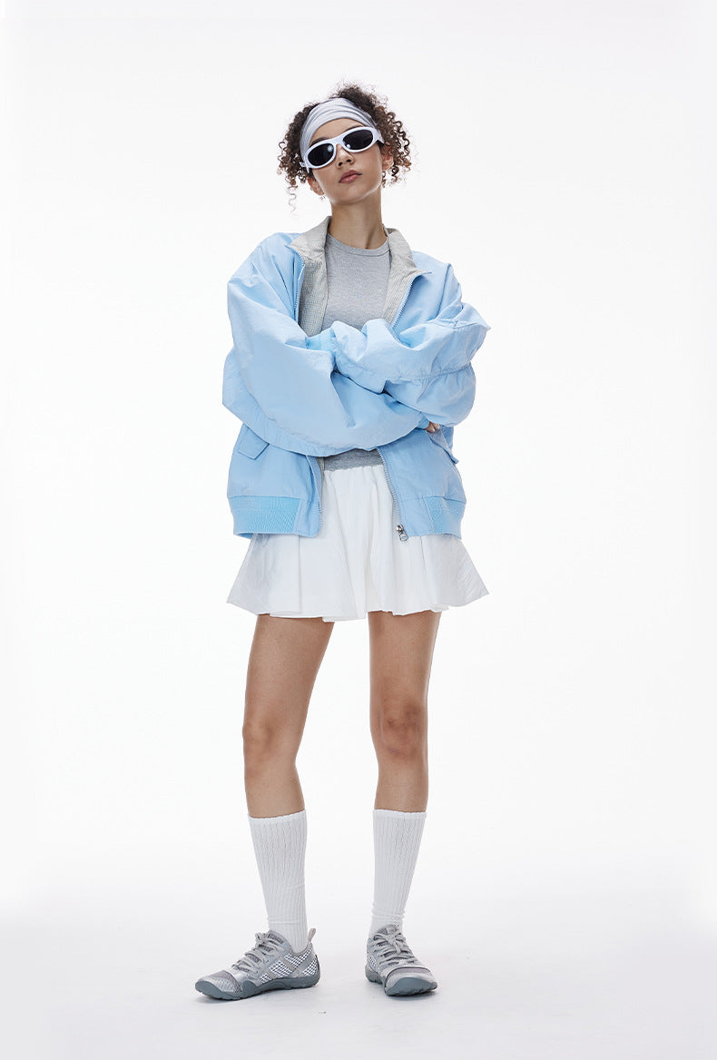 Inflation Short Stand-Up Collar Checked Contrast Baseball Jacket