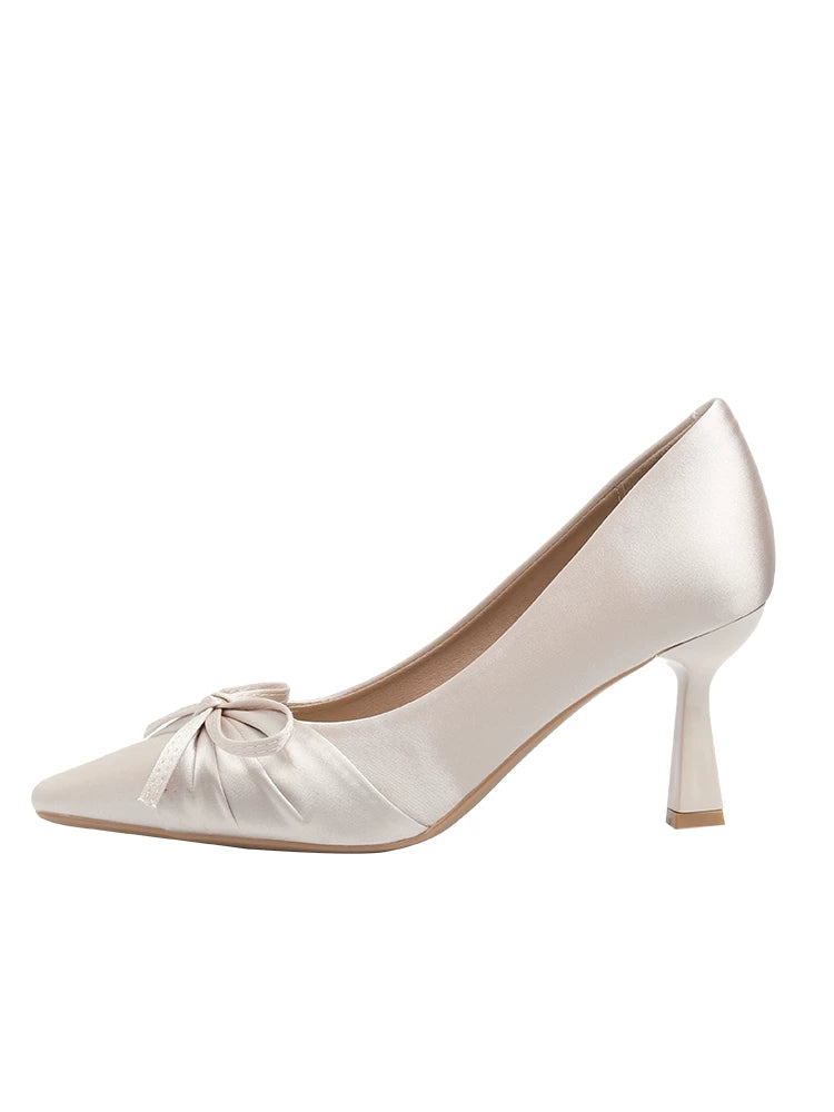 CHRNDXEE Satin Bow Square Head Light Mouth High Heels