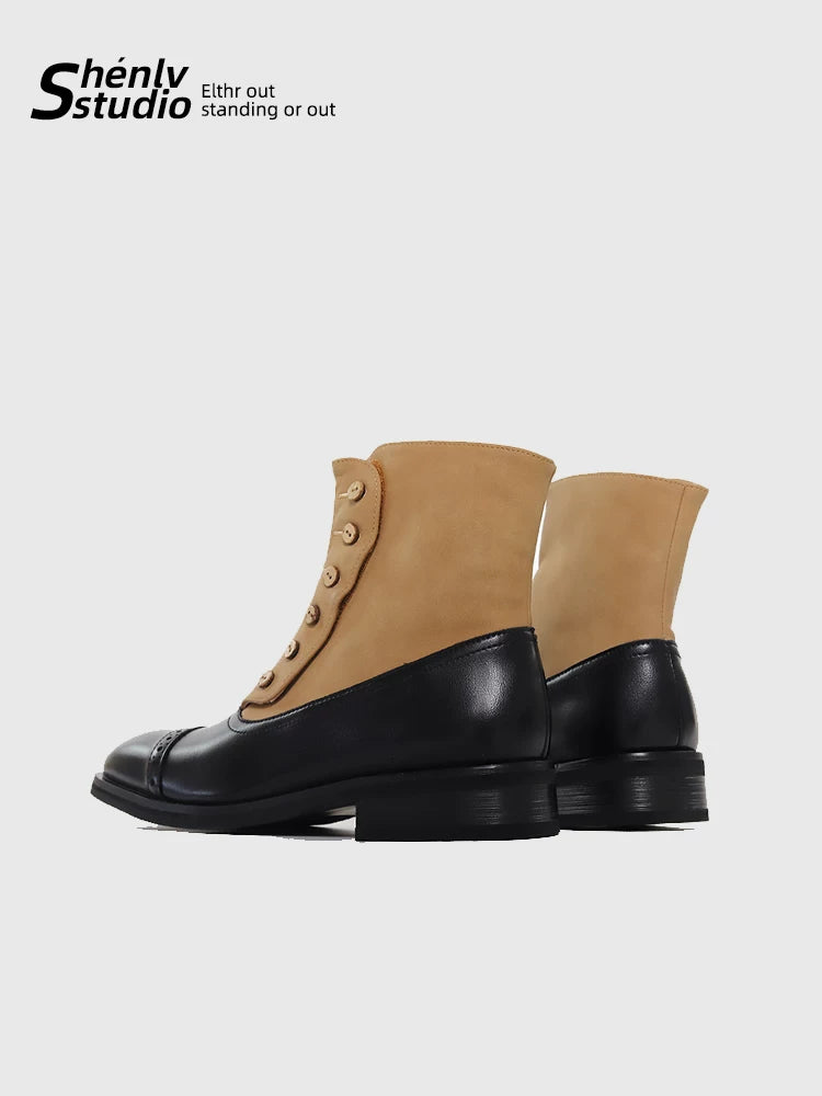 SHENLV STUDIO Pointed-toed Color-matching Short Leather Boots