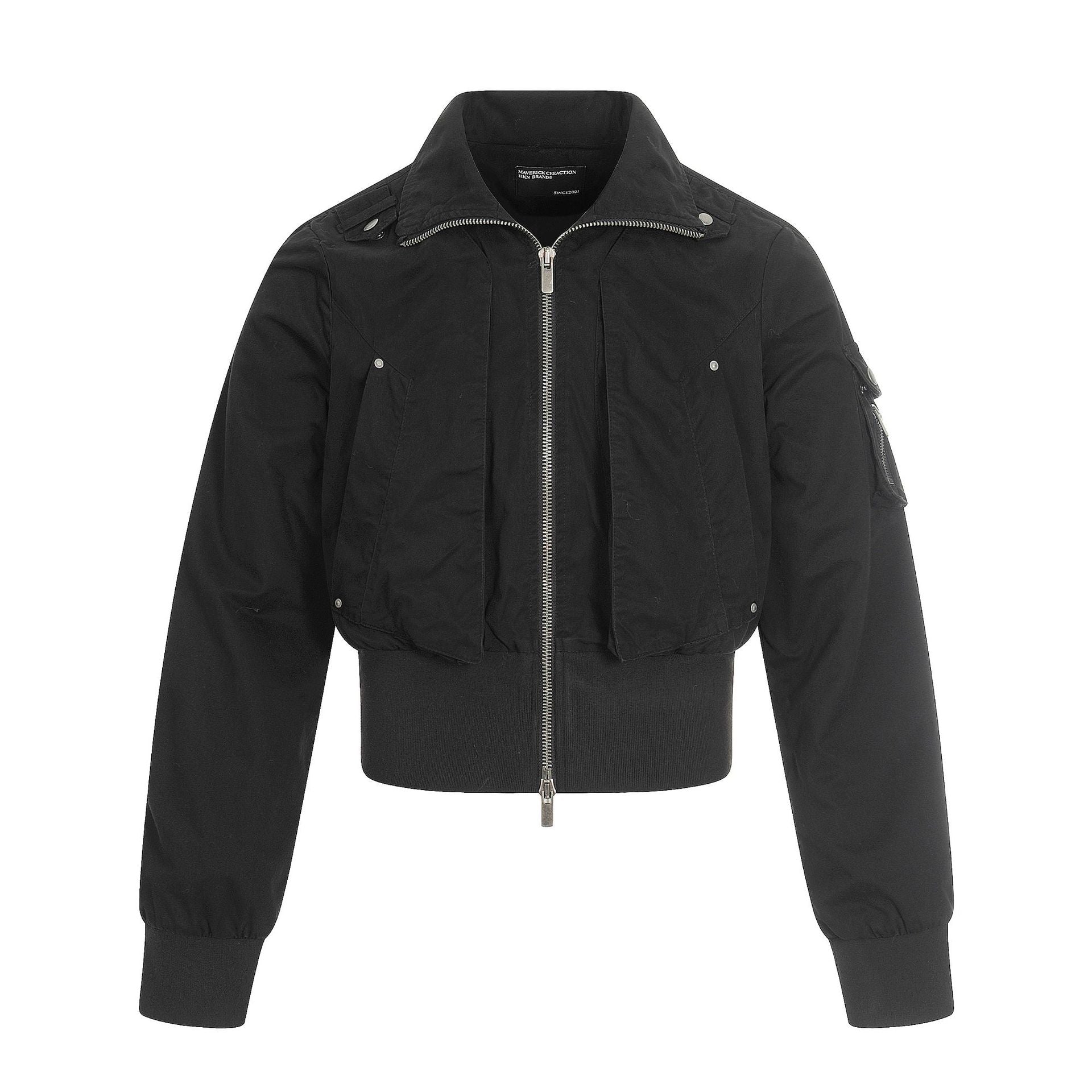 11KN Retro Splicing Slim-fitting Waist Short Wide Stand-up Collar Jacket