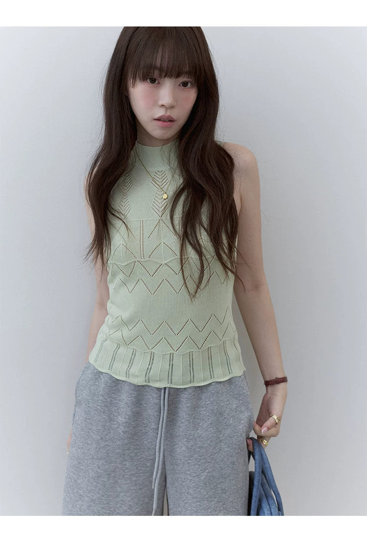 VOOE Crew Neck Hollow Jacquard Knitted Skinny Vest