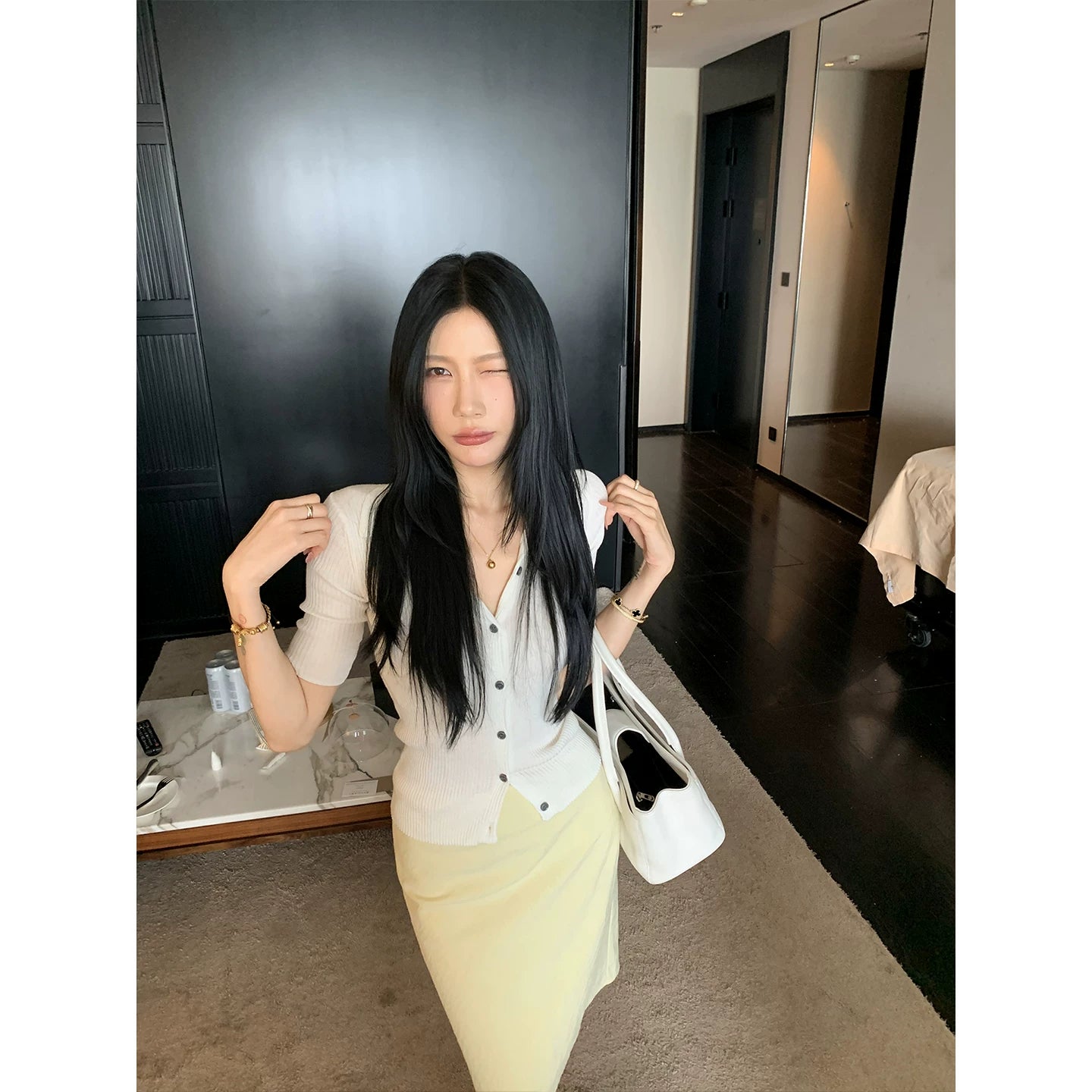 YOUNG KYLIN Pleated Slim Sleeveless Top High Waist Skirt Set