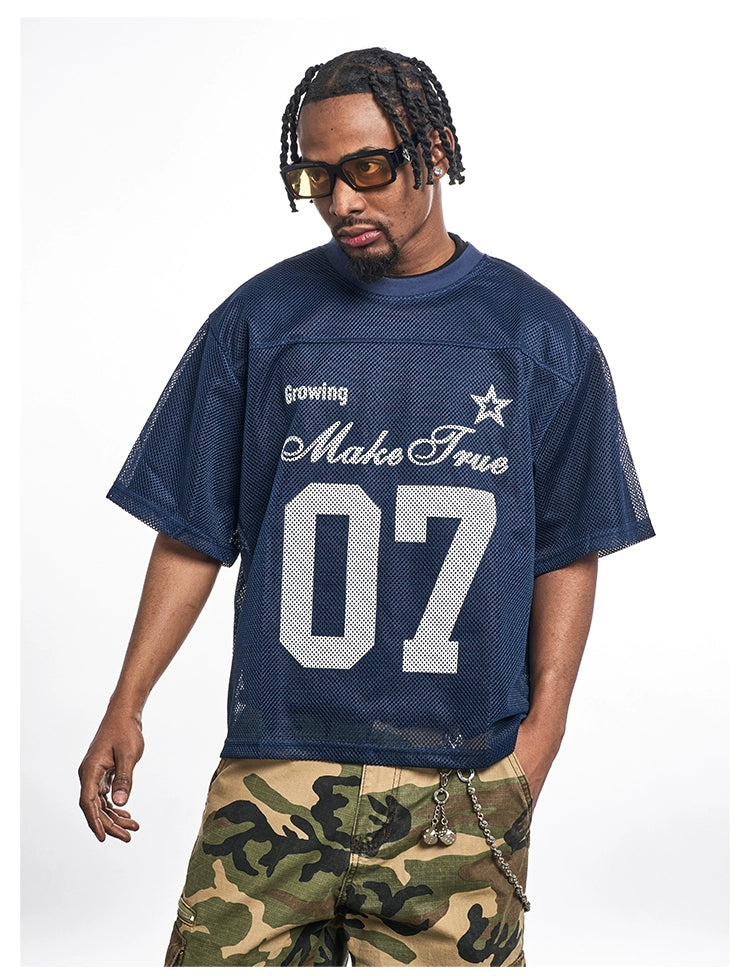 MT99 Hollow Letter Loose Mesh Printed Tee