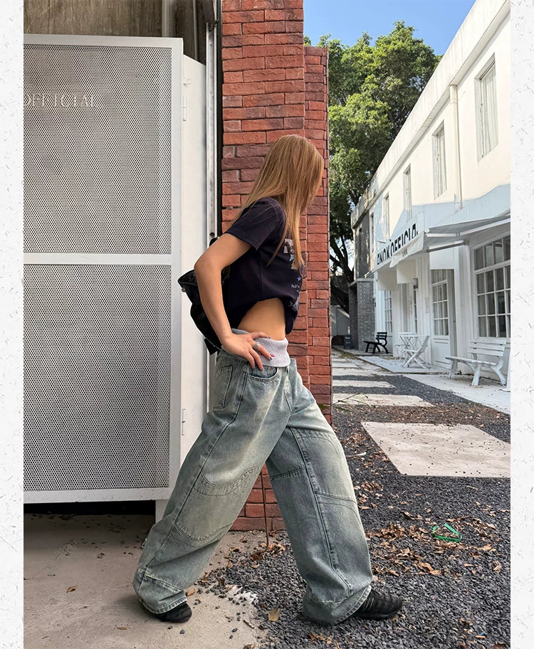 CCYE Fake Two-piece Spliced Waist Wide-leg Jeans