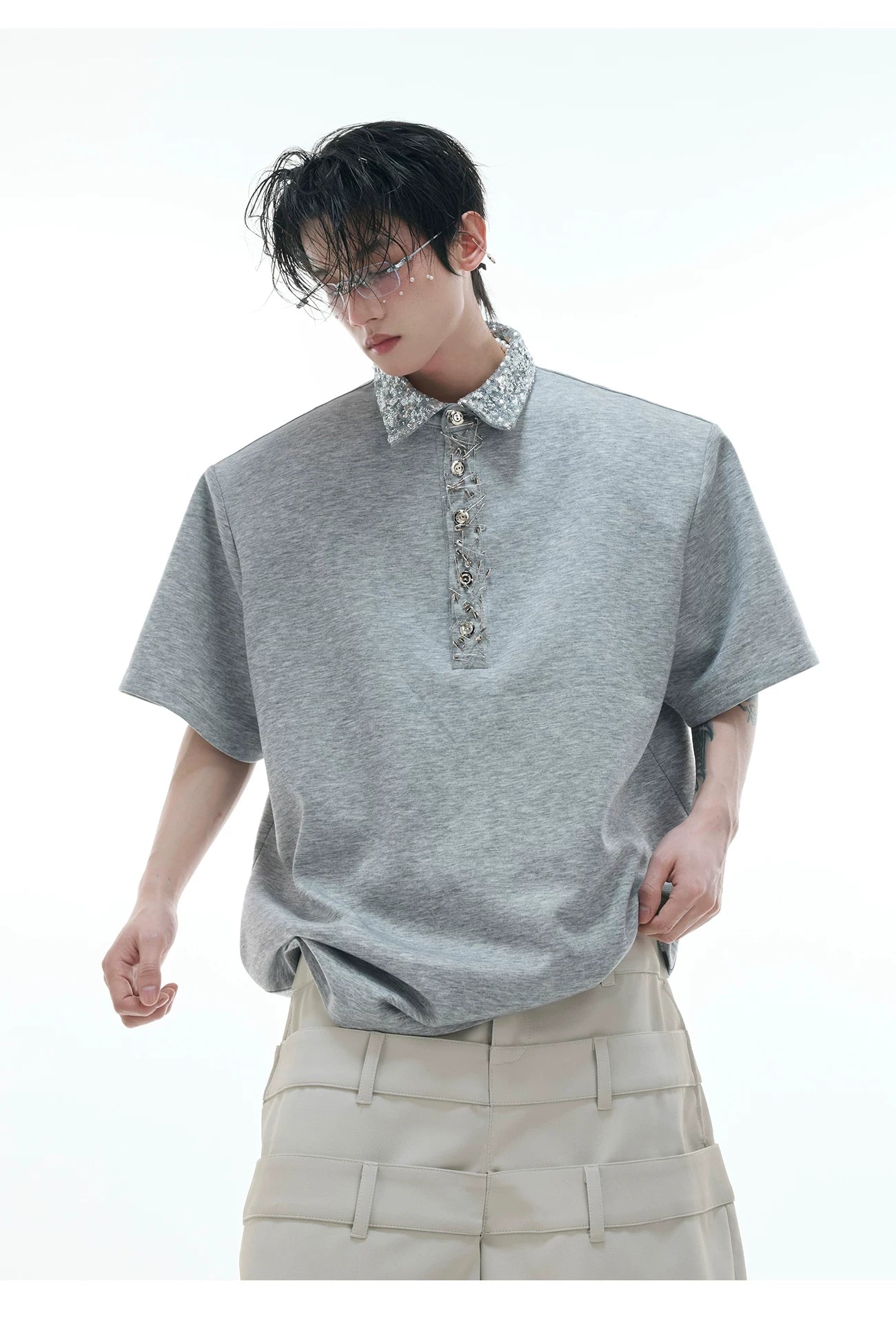 ArguECulturE Niche Sequined Square Neck Loose Polo Shirt Tee
