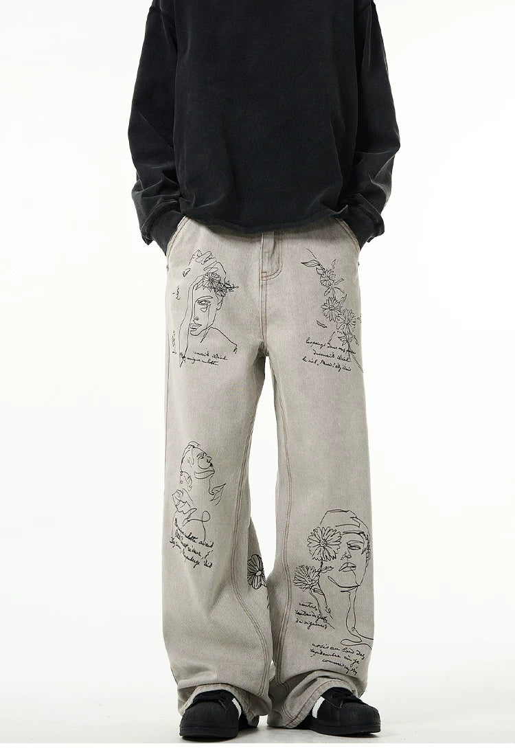 MADWITCH Retro Hand-painted Graffiti Jeans