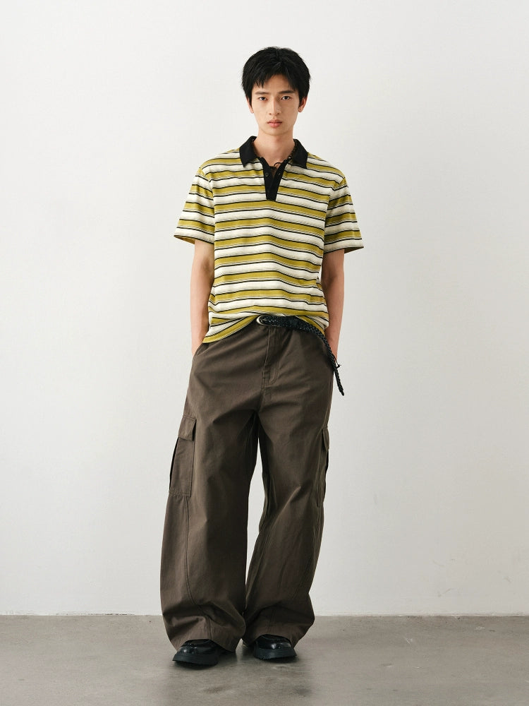 DIMC Spliced Collar Striped Polo Shirt