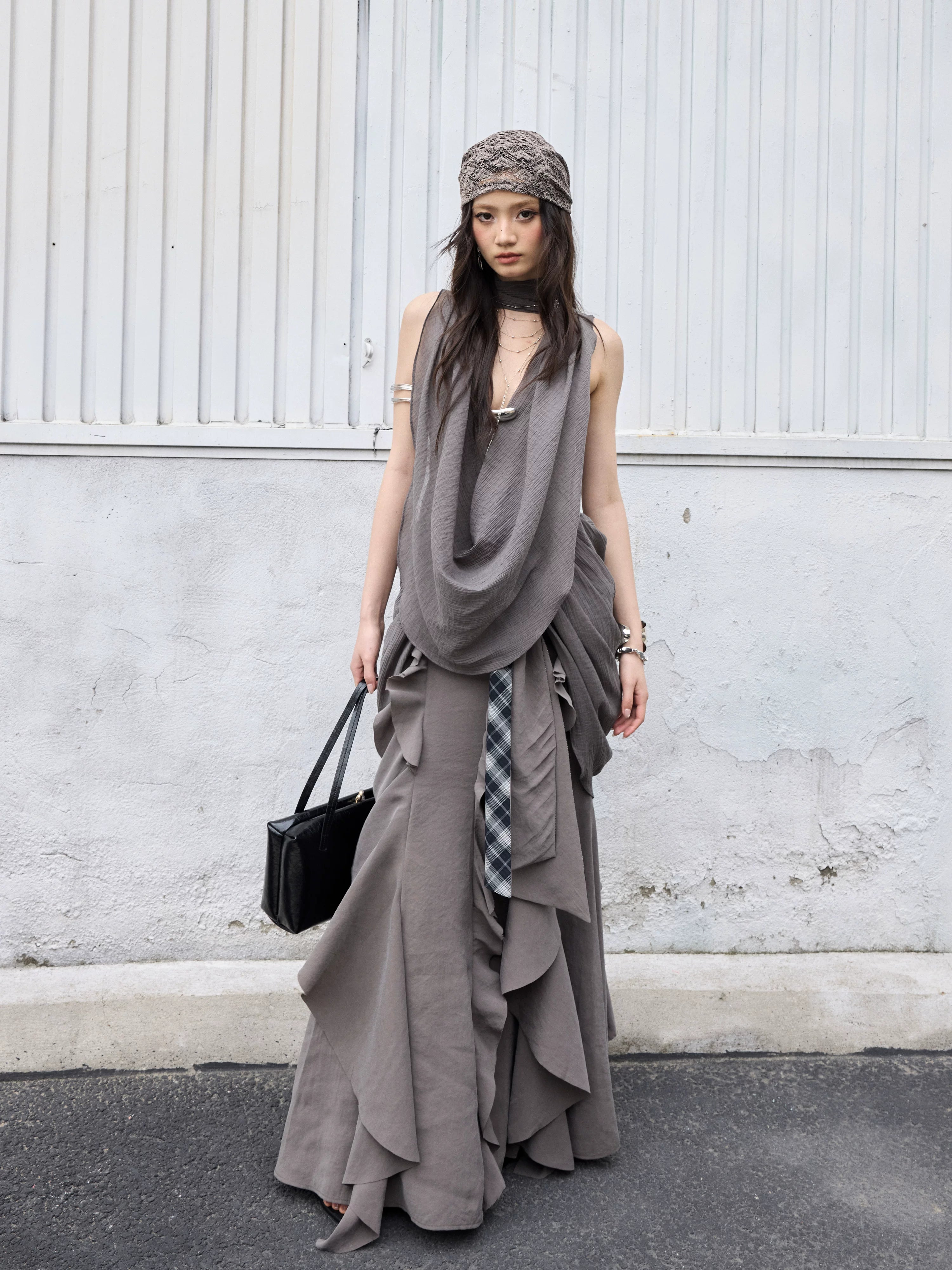 JNYLON Vintage Pleated Ultra Low Swinging Neck Lace-Up Vest