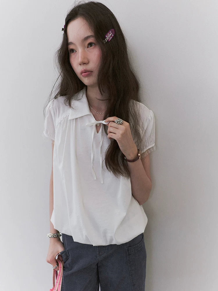 VOOE Lapel Strap Lace Shirt