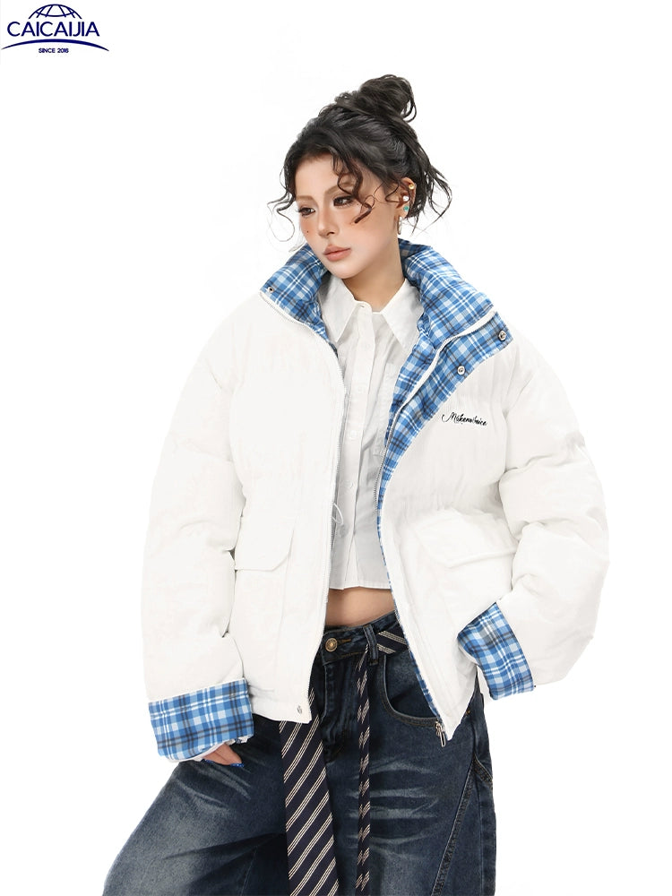 Kenvibe Plaid Paneled Loose Thickened Warm Jacket