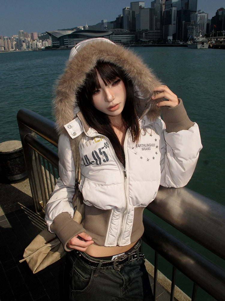 EAHO Fur Collar Hooded Babes Short Cotton Dress