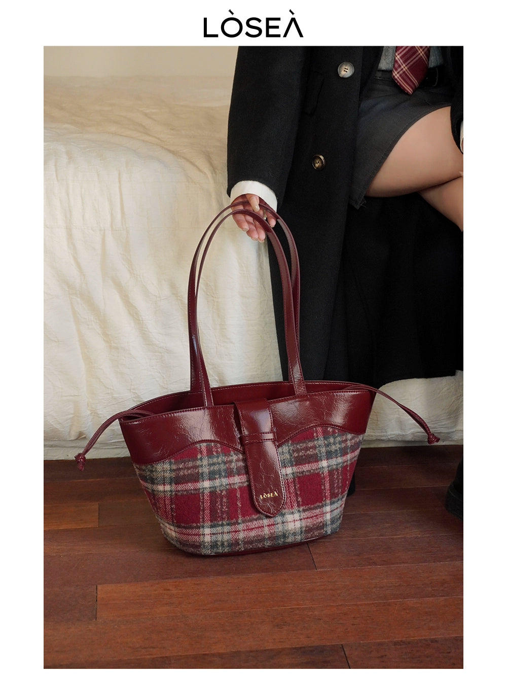 LOSEA Large Capacity Plaid Shoulder Bag