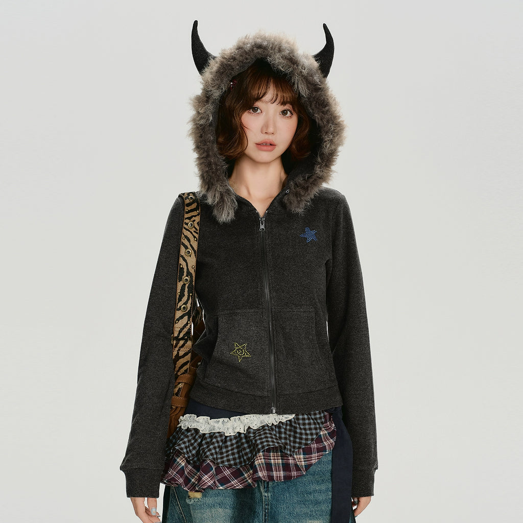 Girlyhalo Vintage Slim Fit Fur Collar Hooded Sweater Jacket