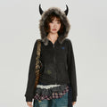Girlyhalo Vintage Slim Fit Fur Collar Hooded Sweater Jacket