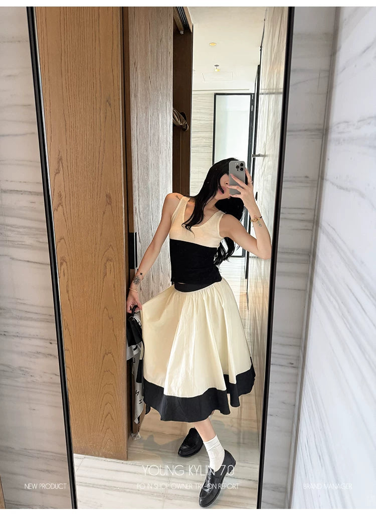 YOUNG KYLIN Contrasting Color Slim Top Skirt Set