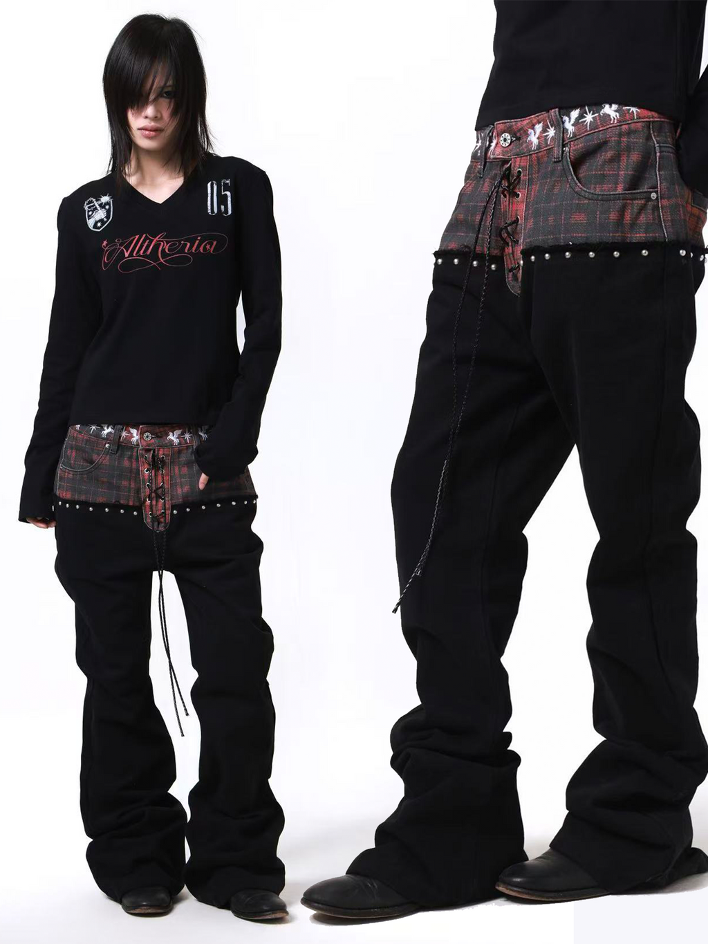 DETW Waist Embroidered Rivets Stacked Jeans