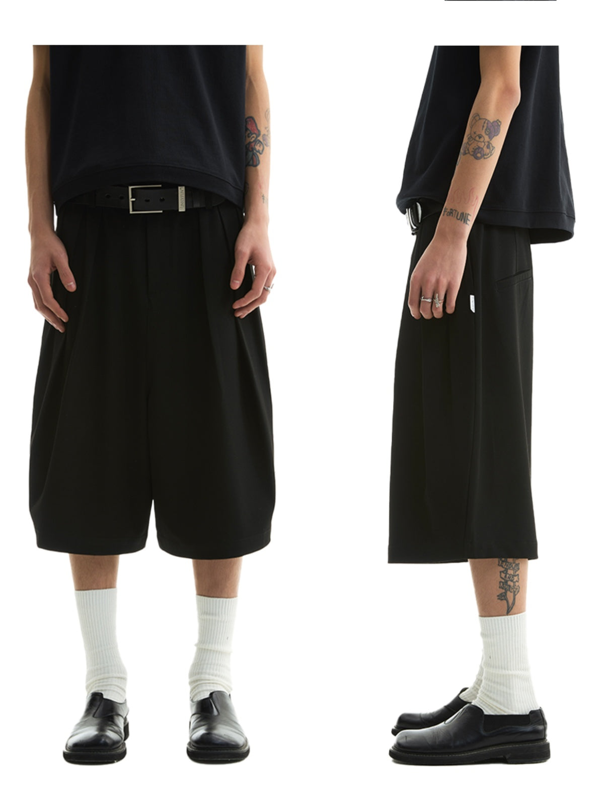 FUNKYFUN 2025SS Double-piece pleated design waistless wide five-point low-crotch trousers shorts