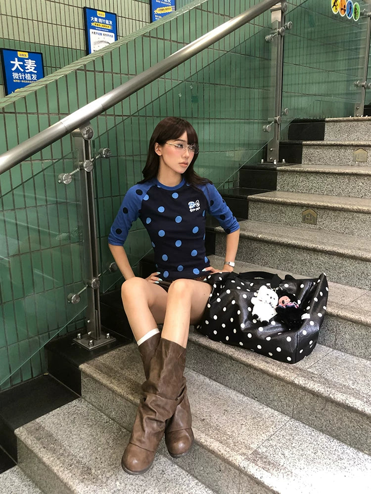 EAHO Polka Dot Printing Contrasting Color Slim and Thin Tee