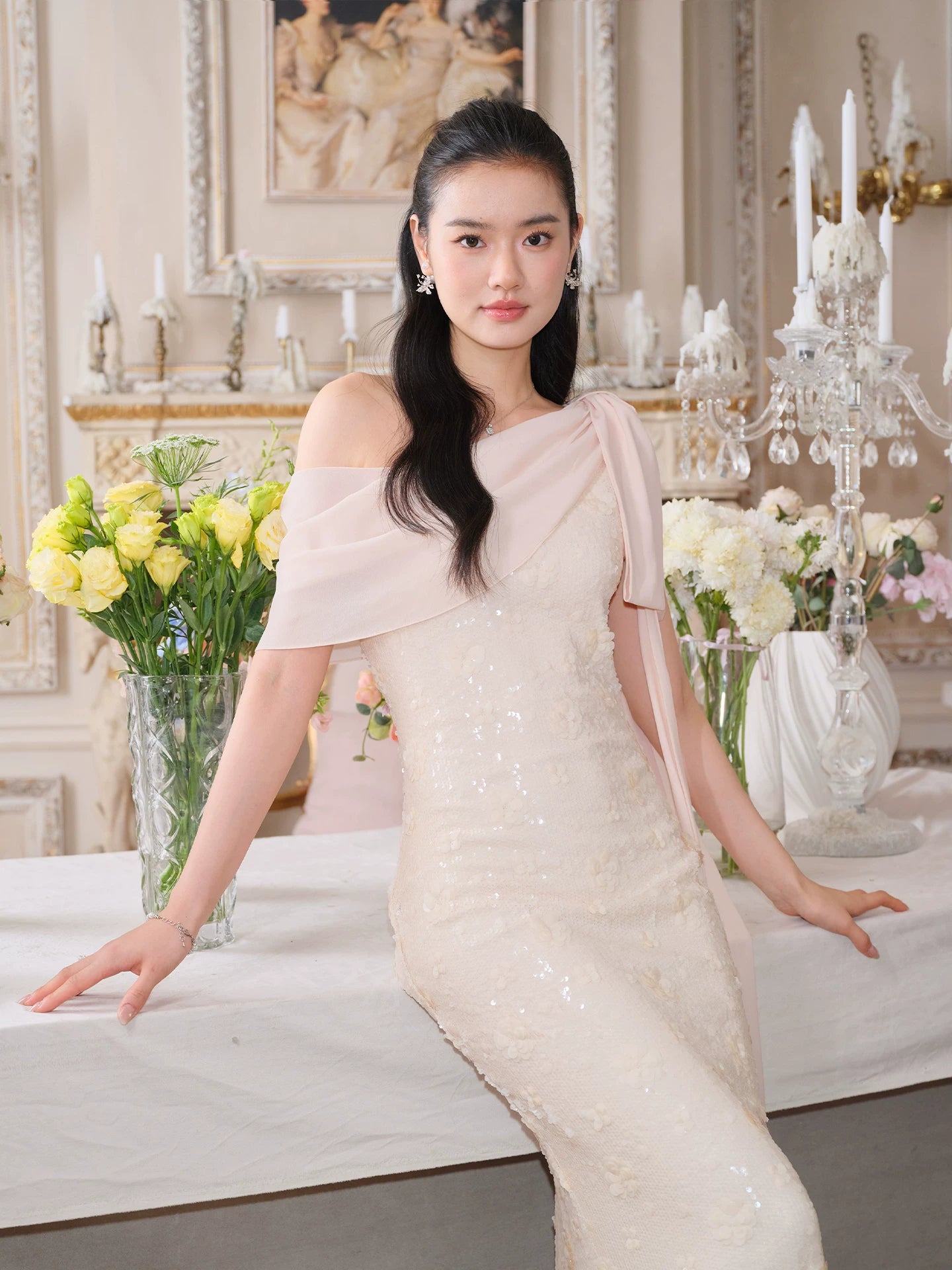 J TheChosen Slanted Shoulder Sequined Stretch Slim Dress