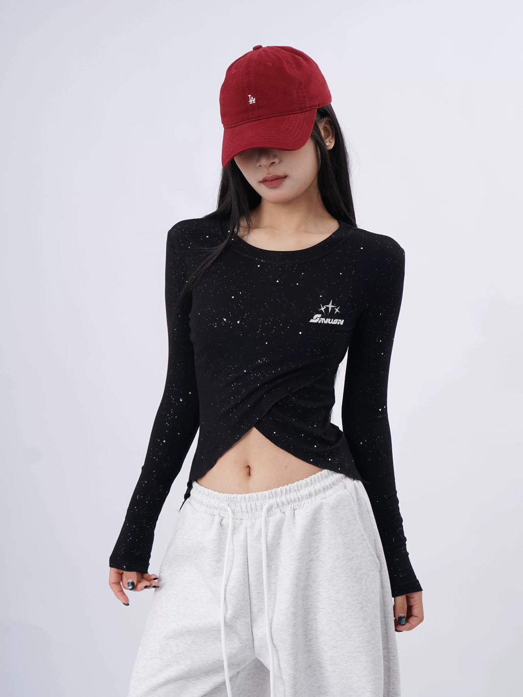 SAMUSAN Cross Halter Slim Lace Up Long Sleeve