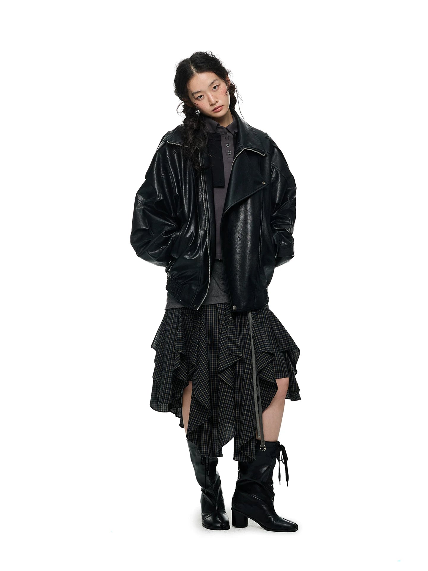 JIKOO Spliced Plaid Pleated Skirt