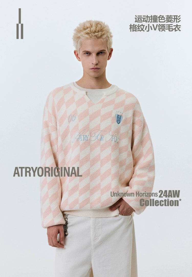 ATRY Sports Contrasting Rhombus Checked Small V-neck Sweater