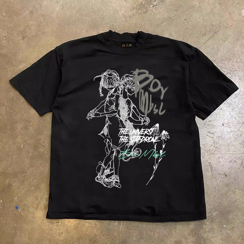 UPUPXIA Animation Character Line Draft Printing Casual Tee