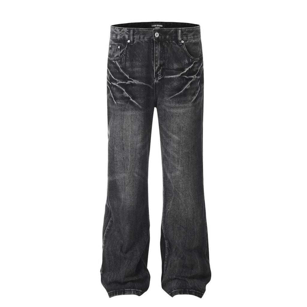 11KN Retro High Street Lightning Crack Washed Distressed Cat Whisker Loose Jeans
