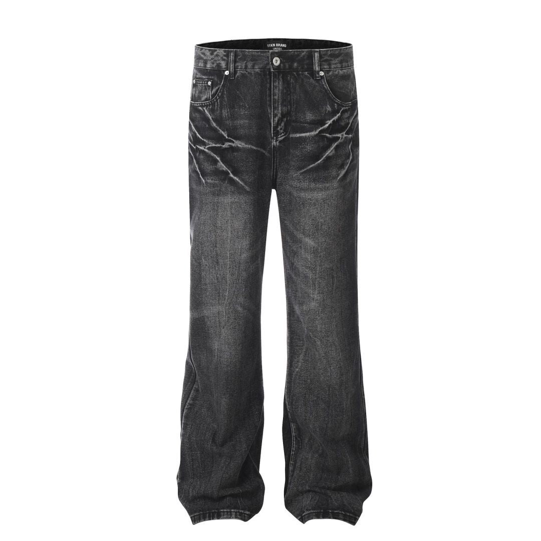 11KN Retro High Street Lightning Crack Washed Distressed Cat Whisker Loose Jeans