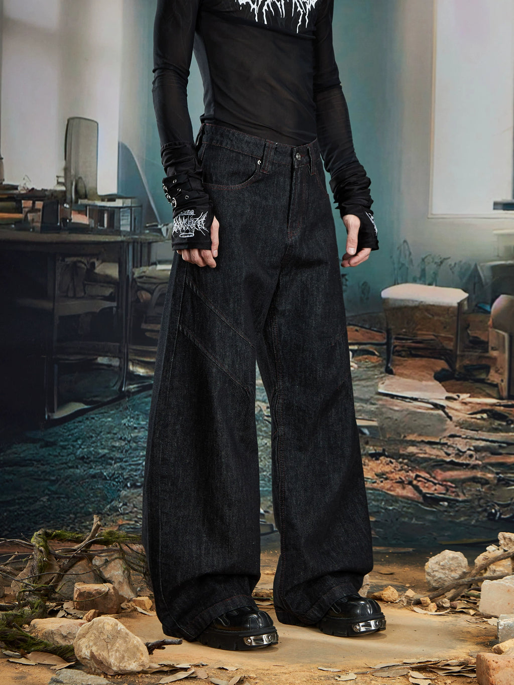 NOMANIAI Versatile Bright Line Loose Wide-leg Scimitar Jeans