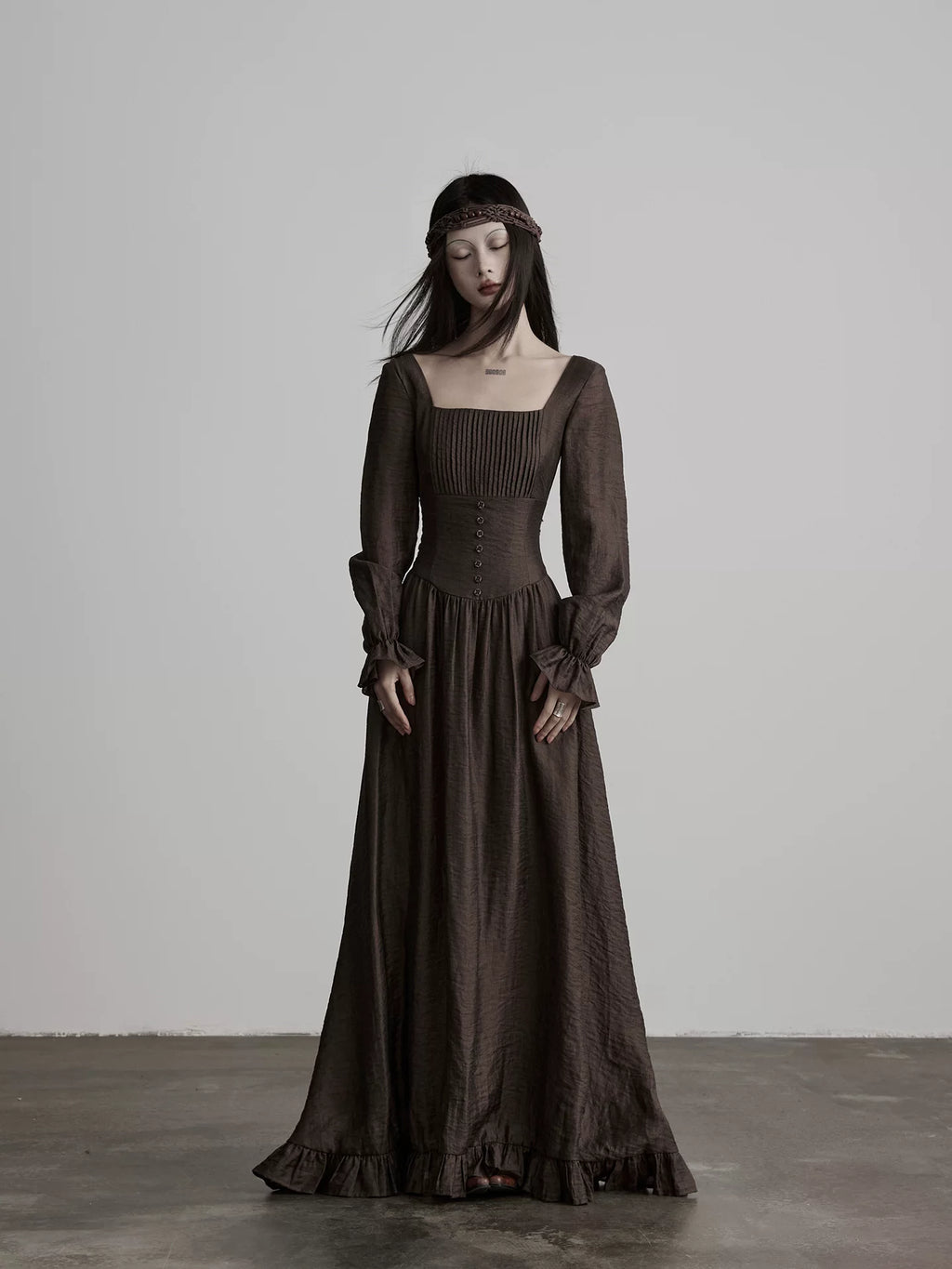 INDULG Square Neck Waist Flared Sleeve Dress