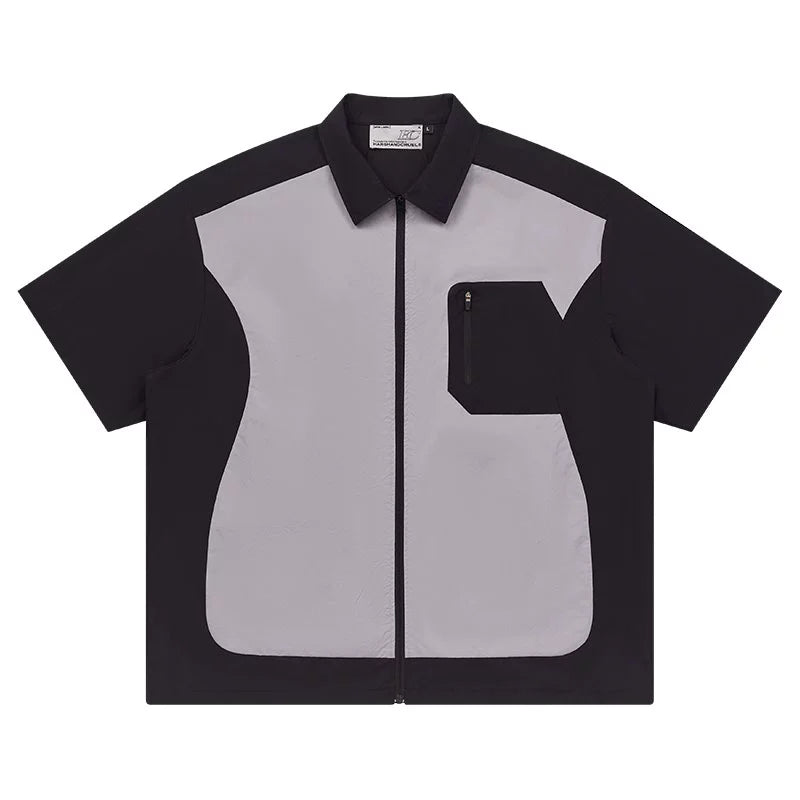 Harshandcruel Outdoor Contrast Splicing Deconstruction Short Sleeve Zipper Shirt