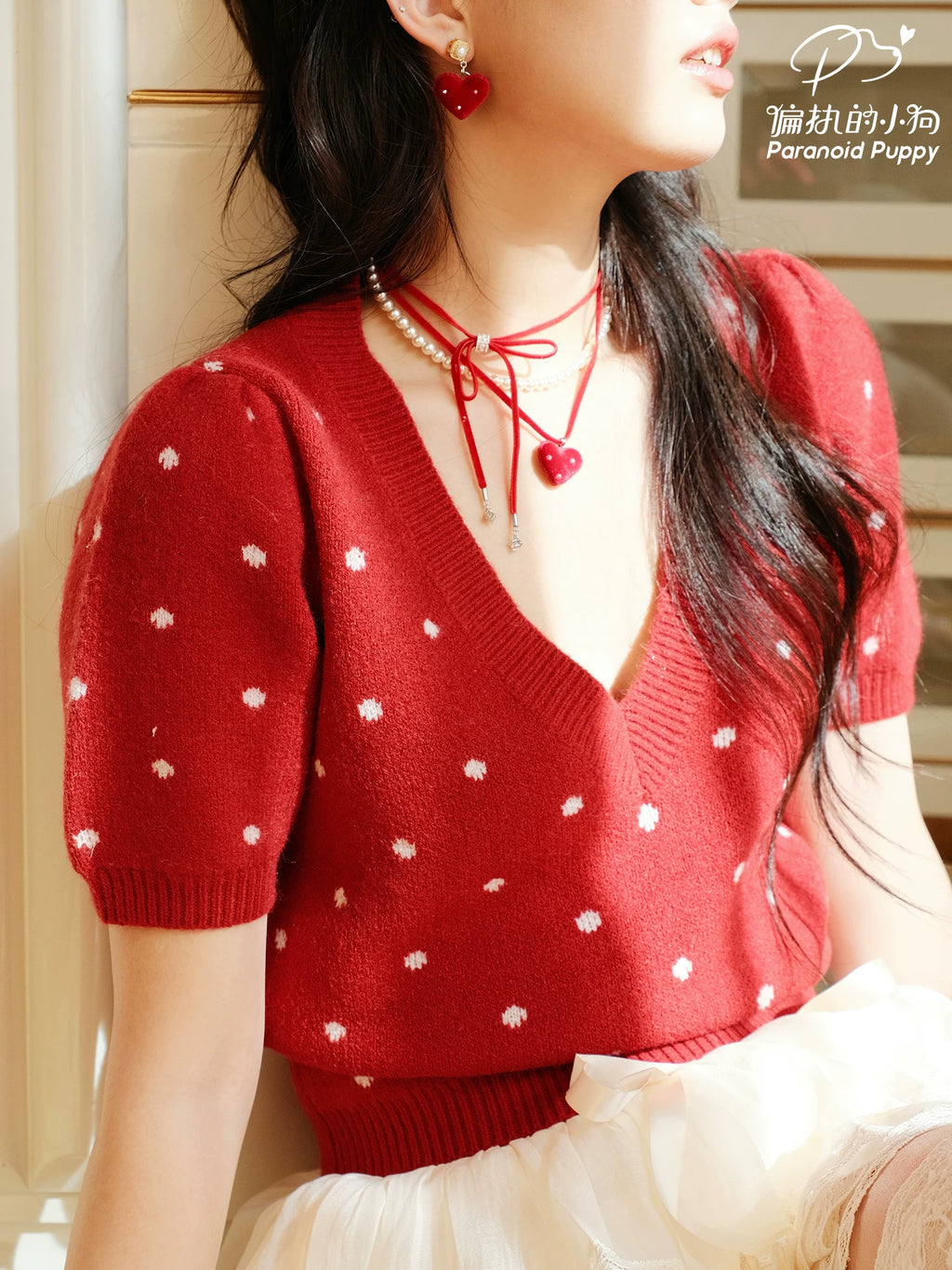 PARANOID PUPPY Red Velvet Love Multi-layer Ribbon Bow Necklace