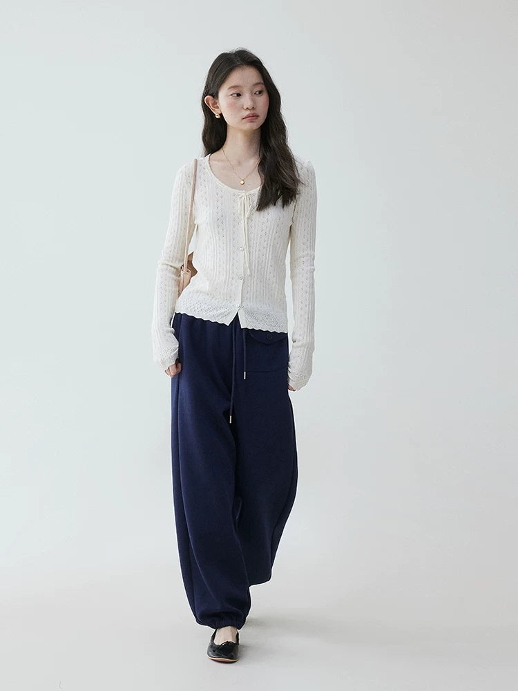 VOOE Round Neck Jacquard Hollow Strap Knitted Long Sleeve