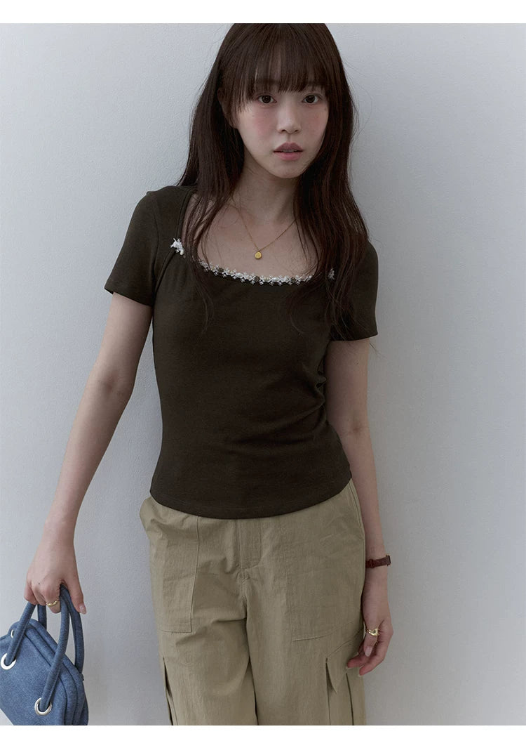 VOOE Square Neck Pearl Lace Tee