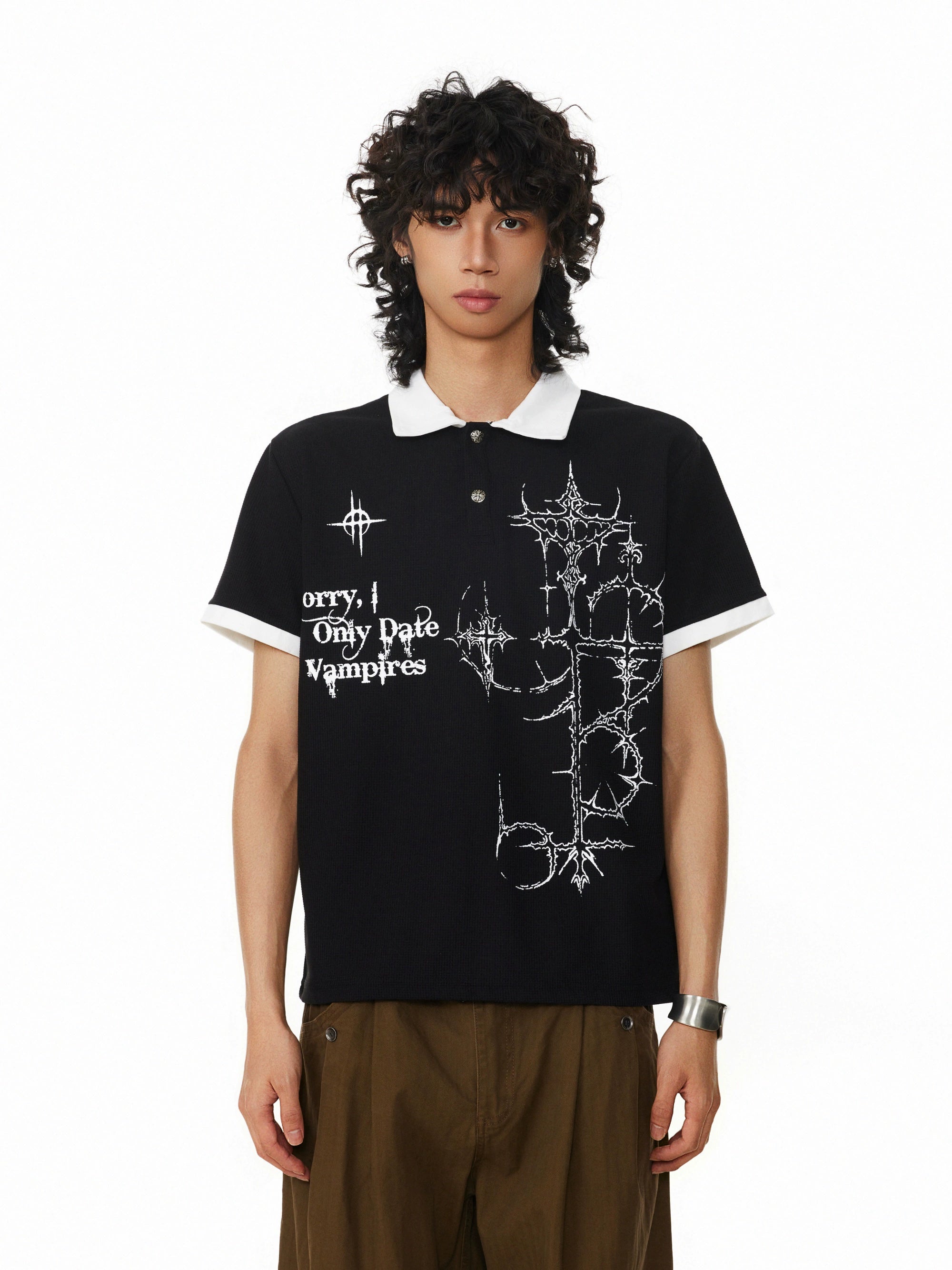 BTSG Waffle Print Front Shoulder Polo Shirt