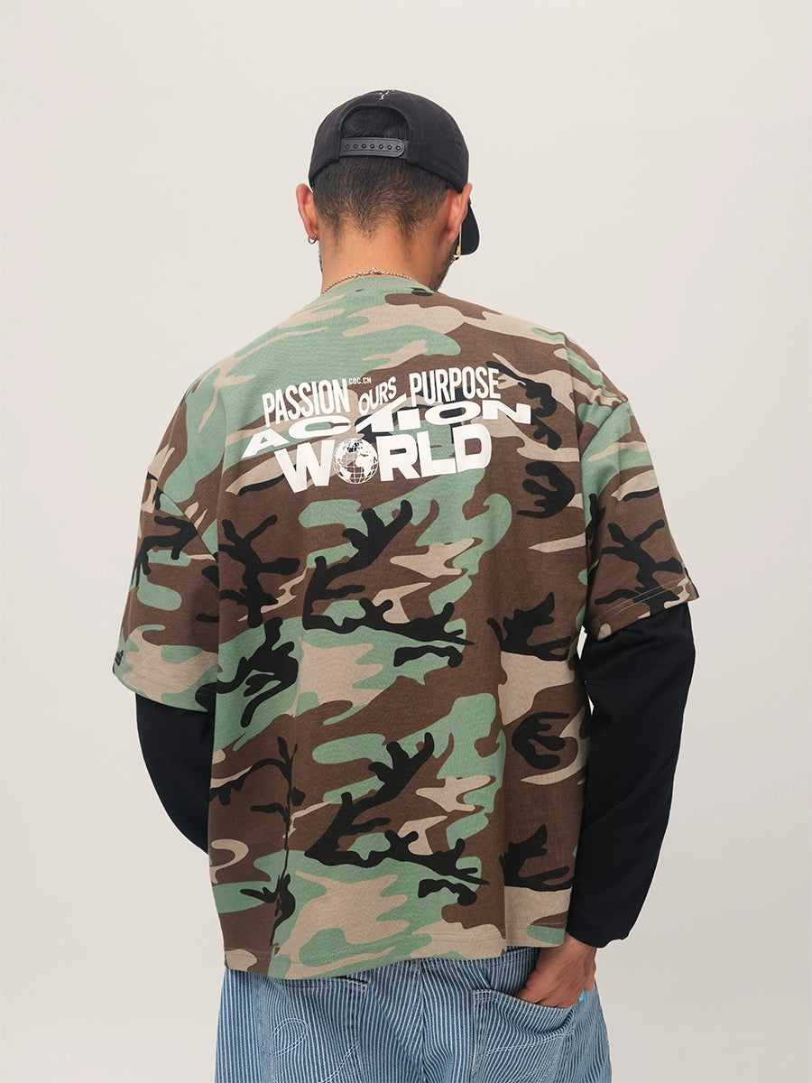 ComicTree Camouflage Stitching Fake Two-piece Letter Long Sleeve
