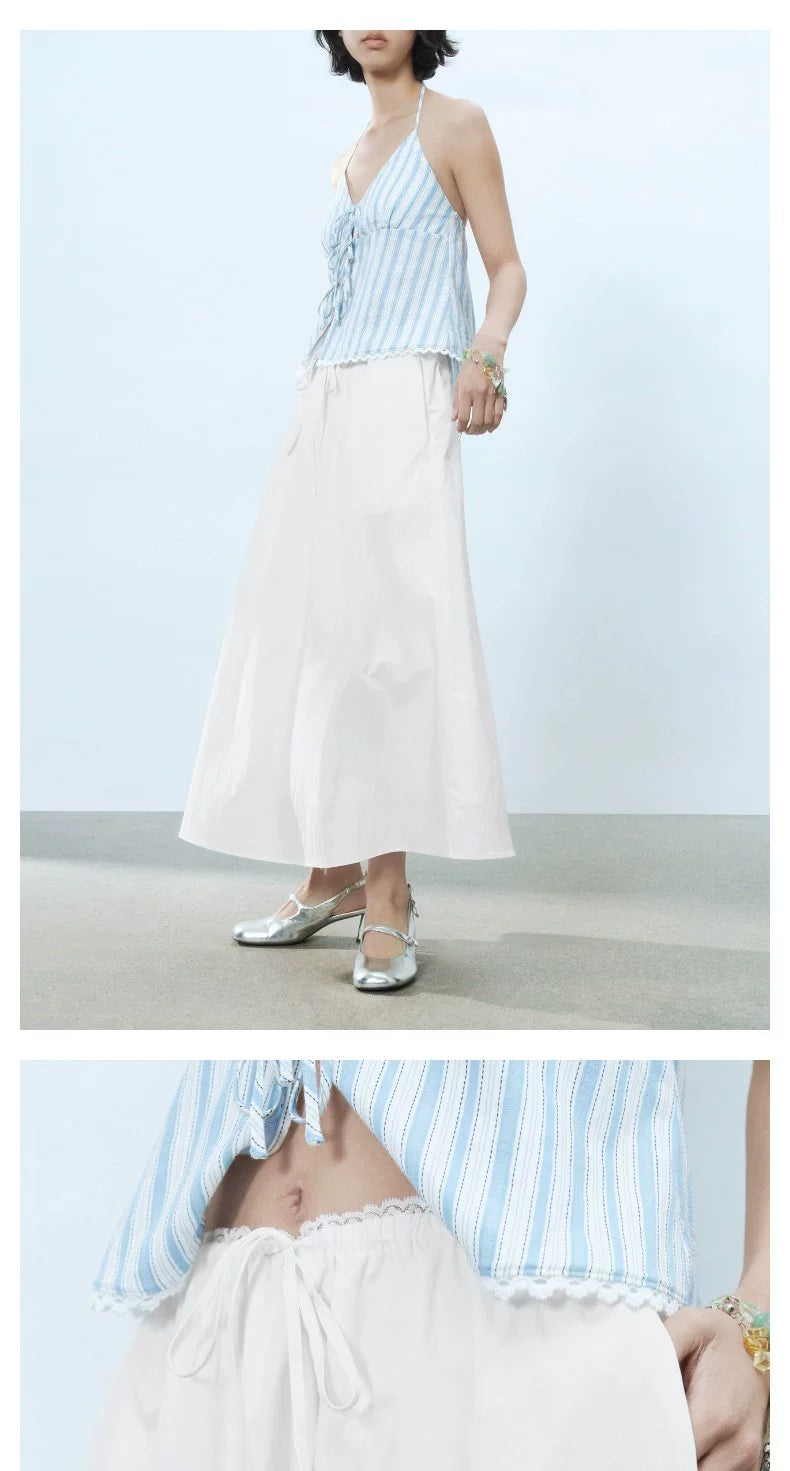 URBAN REVIVO Wave Hipster Super Loose Lace Stitching Medium and Long Skirt