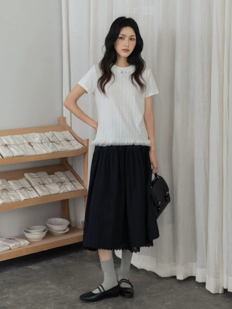 XUJING Front Shoulder Lace Edge Hem Waist Thin Tee