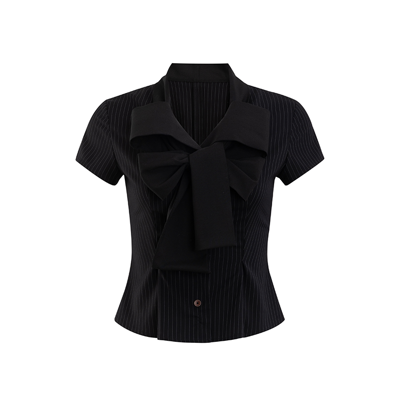 SunsetPark Striped College Butterfly Bow Tie Short Sleeve Shirt