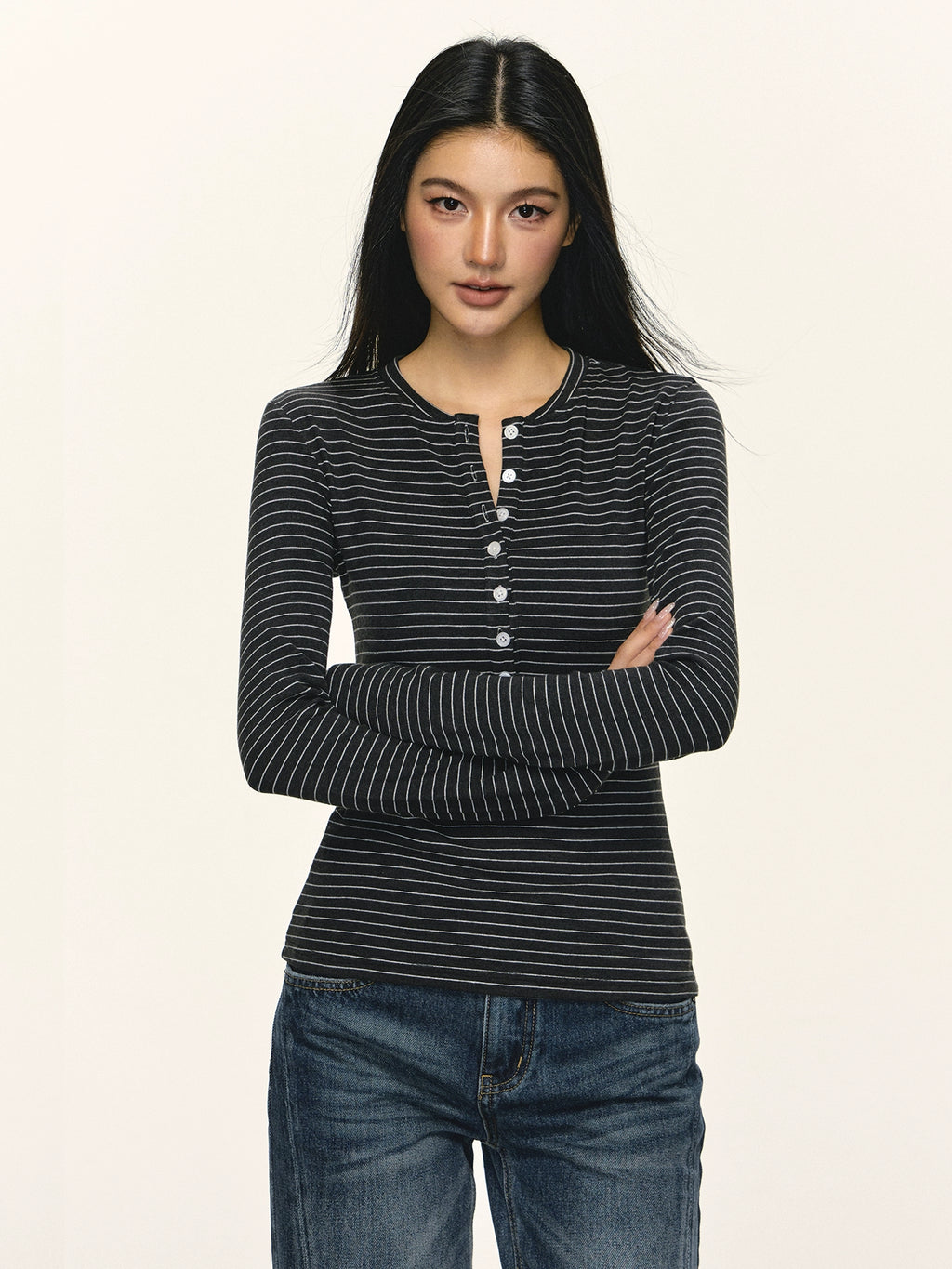Anna Aneae Henry Collar Stripe with Long Sleeves Underneath