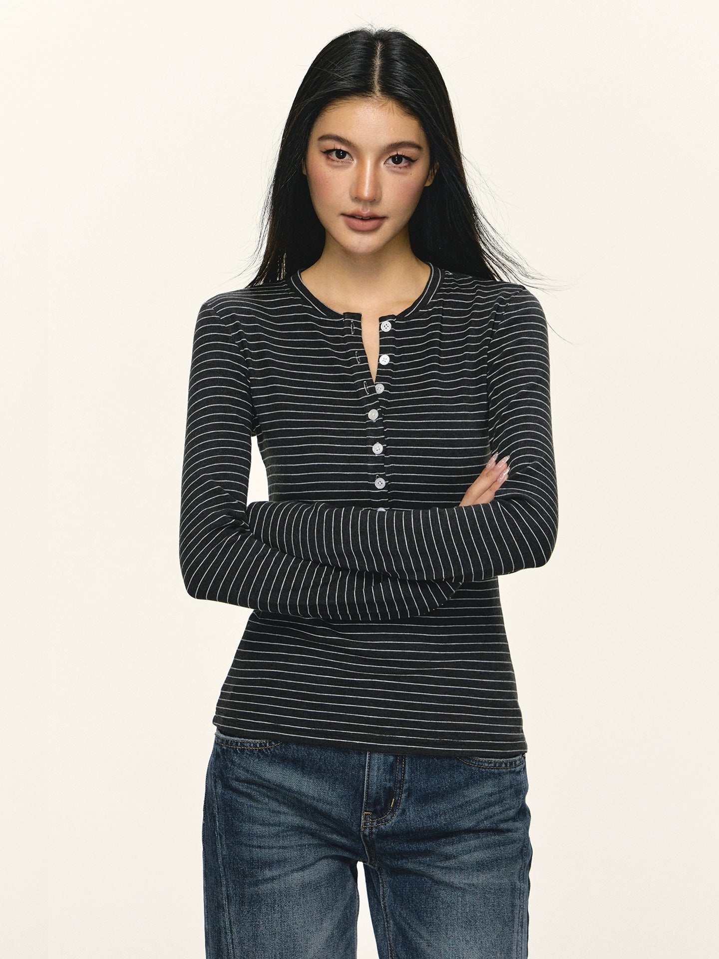 Anna Aneae Henry Collar Stripe with Long Sleeves Underneath