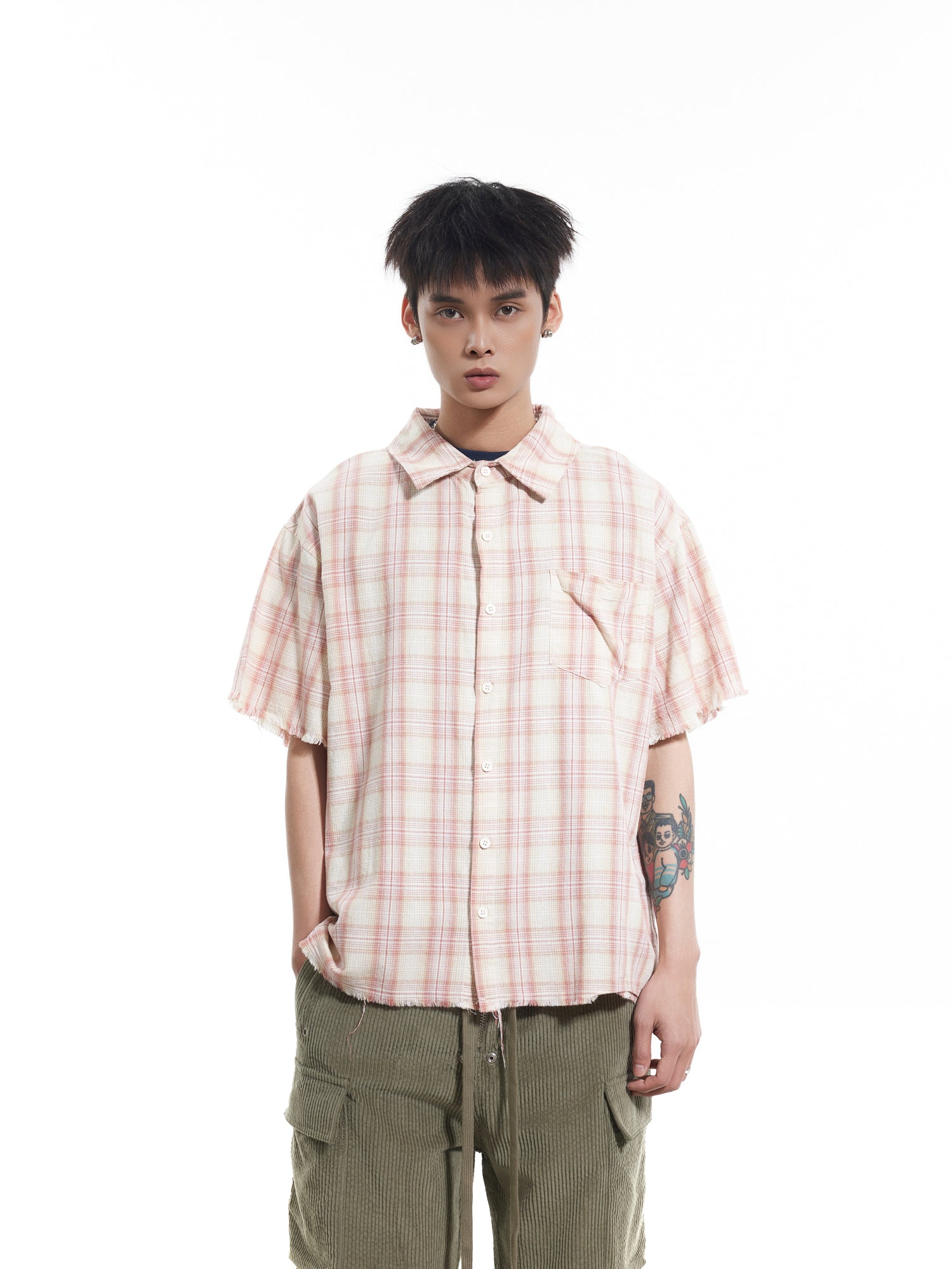 BTSG polished plaid burr short-sleeved shirt