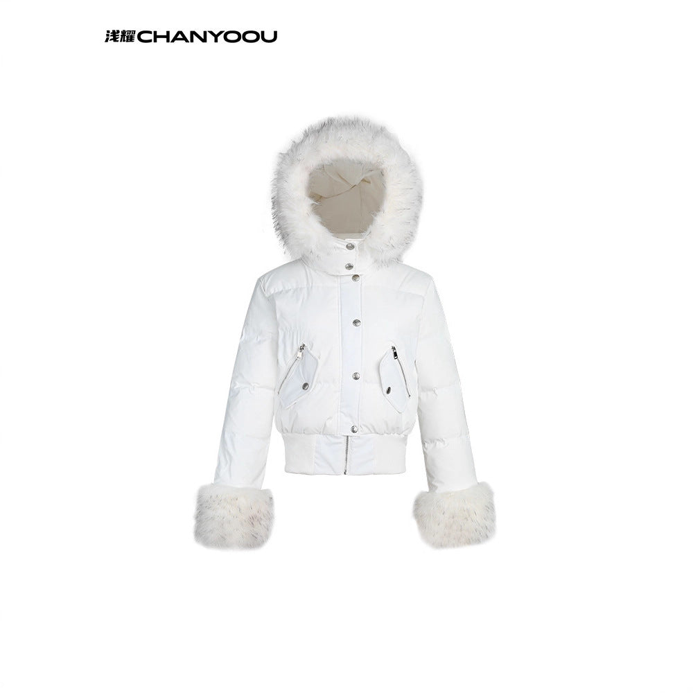 CHANYOOU Retro Fur Collar Slim-fitting Waist Hooded Jacket