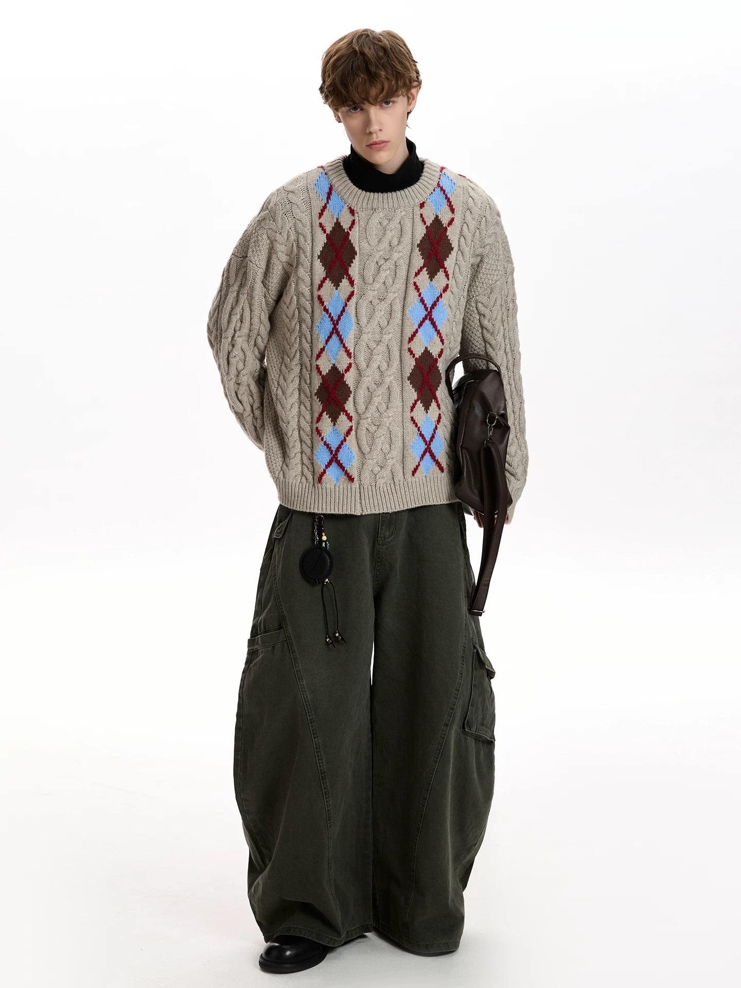 A PUEE Vintage Rhombus Checked Crew Neck Sweater